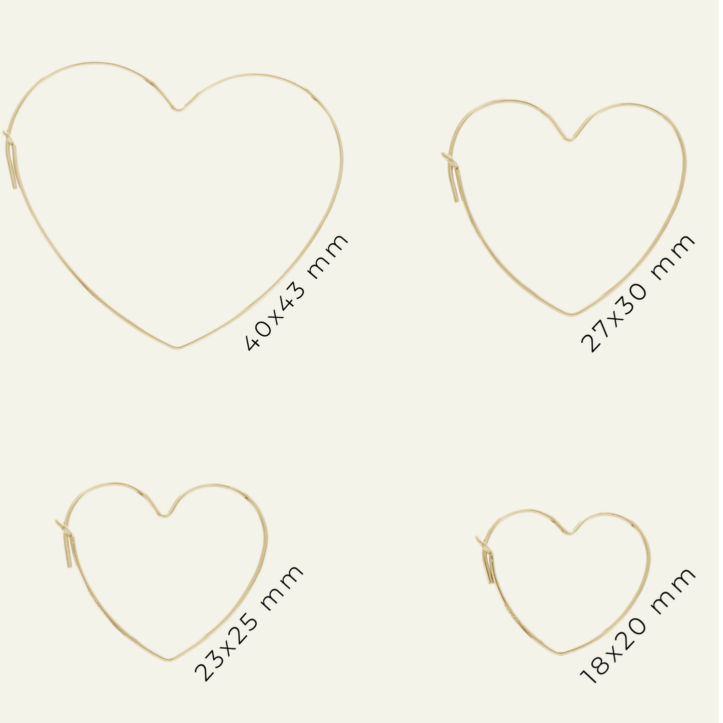 coppia di orecchini a forma di cuore in filo gold filled finitura oro giallo varie nelle quattro dimensioni disponibili