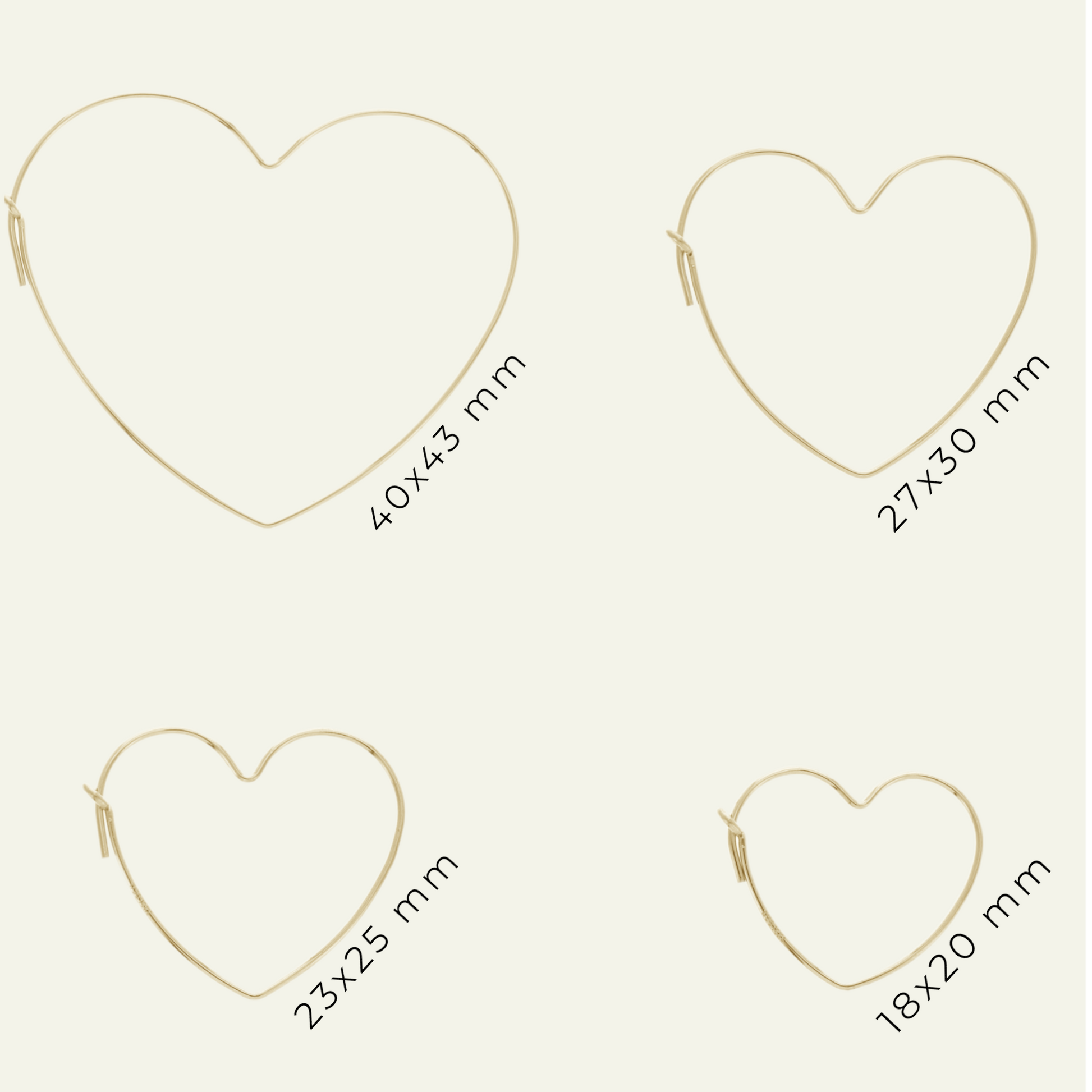 coppia di orecchini a forma di cuore in filo gold filled finitura oro giallo varie nelle quattro dimensioni disponibili